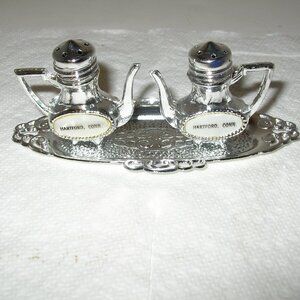 Vintage Silver Metal Teapot Salt & Pepper Shakers w/Tray Hartford CT Japan NEW D